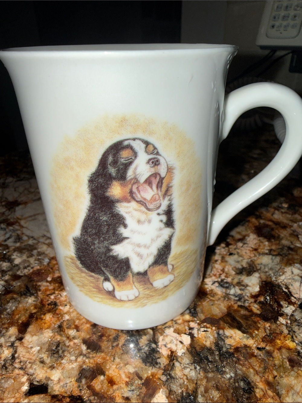 Vintage Konitz Porcelain Ceramic Mug of Yawning Swiss Mountain Dog Puppy